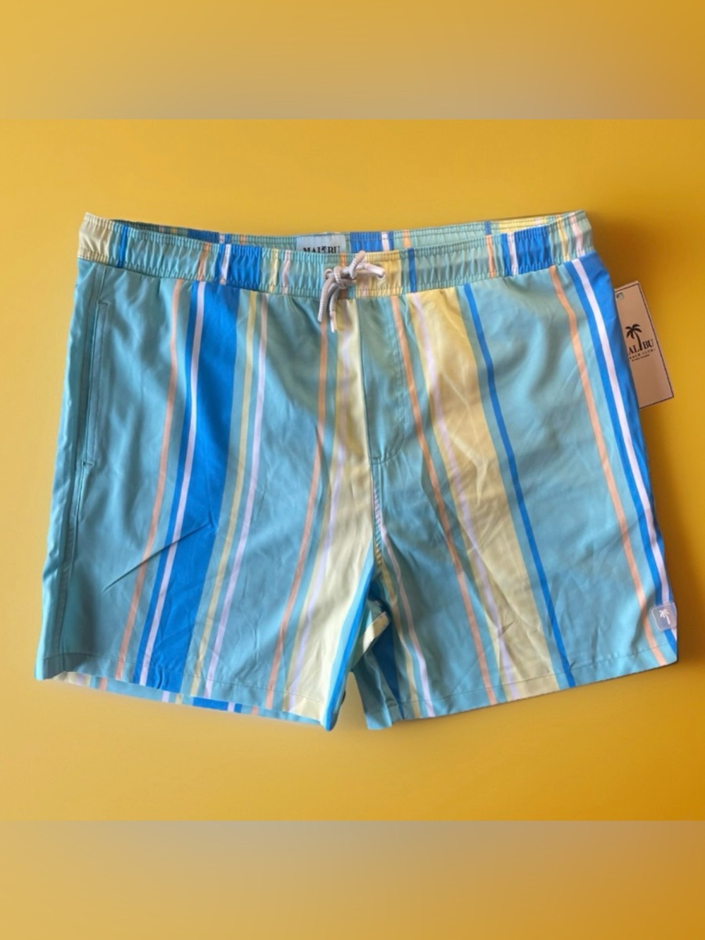 Malibu Beach Club Men’s XL Swim Trunks Aqua Blue Yellow Striped NWT